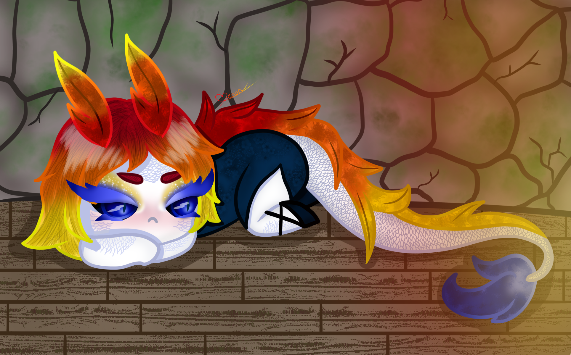 Drawing - Dragon by fireplace